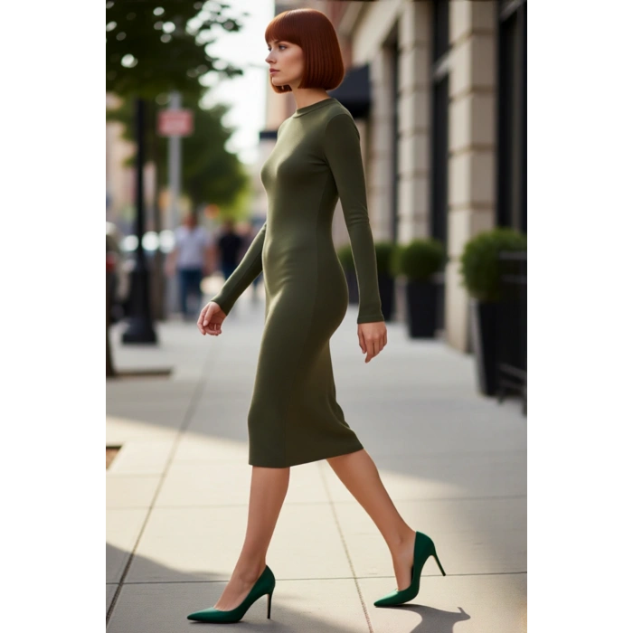 Kadın Düz Desen Dik Yaka Uzun Kollu Bodycon Midi Elbise Yırtmaç Detayı ile Modern Bir Dokunuş