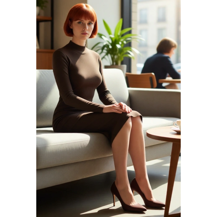 Kadın Düz Desen Dik Yaka Uzun Kollu Bodycon Midi Elbise Yırtmaç Detayı ile Modern Bir Dokunuş