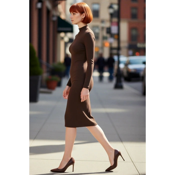 Kadın Düz Desen Dik Yaka Uzun Kollu Bodycon Midi Elbise Yırtmaç Detayı ile Modern Bir Dokunuş