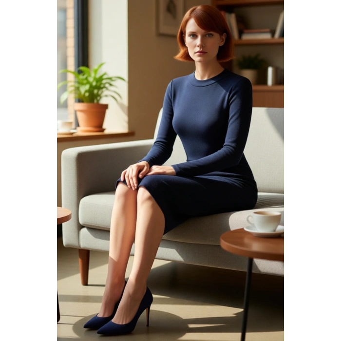 Kadın Düz Desen Dik Yaka Uzun Kollu Bodycon Midi Elbise Yırtmaç Detayı ile Modern Bir Dokunuş