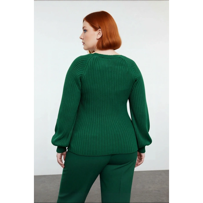 Kadın Düz Desen Fitilli Akrilik Triko Kazak Kalp Yaka Uzun Reglan Kol Kışlık Günlük Şıklık