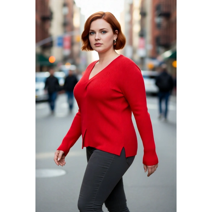 Kadın Düz Desen Fitilli V Yaka Uzun Kollu Triko Kazak Sonbahar Kış Şıklığı İçin İdeal Kaliteli