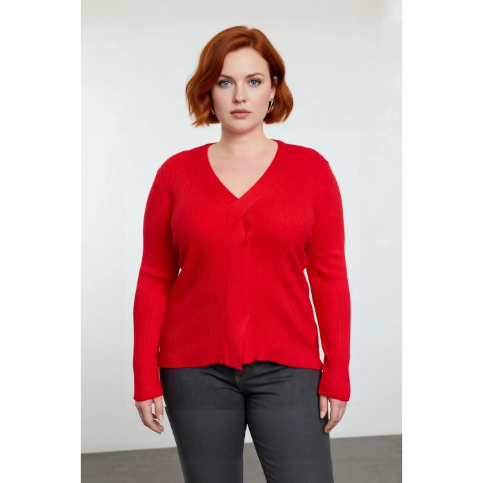 Kadın Düz Desen Fitilli V Yaka Uzun Kollu Triko Kazak Sonbahar Kış Şıklığı İçin İdeal Kaliteli