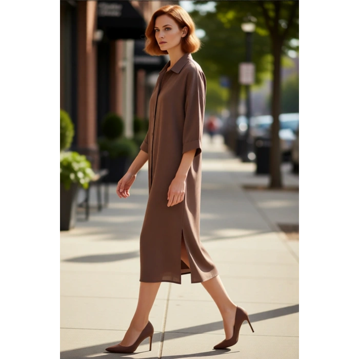 Kadın Düz Desen Gömlek Yaka Truvakar Kol Düğmeli Modal Kumaş Midi Boy Elbise İlkbahar