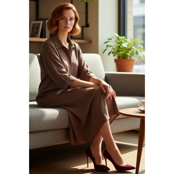 Kadın Düz Desen Gömlek Yaka Truvakar Kol Düğmeli Modal Kumaş Midi Boy Elbise İlkbahar