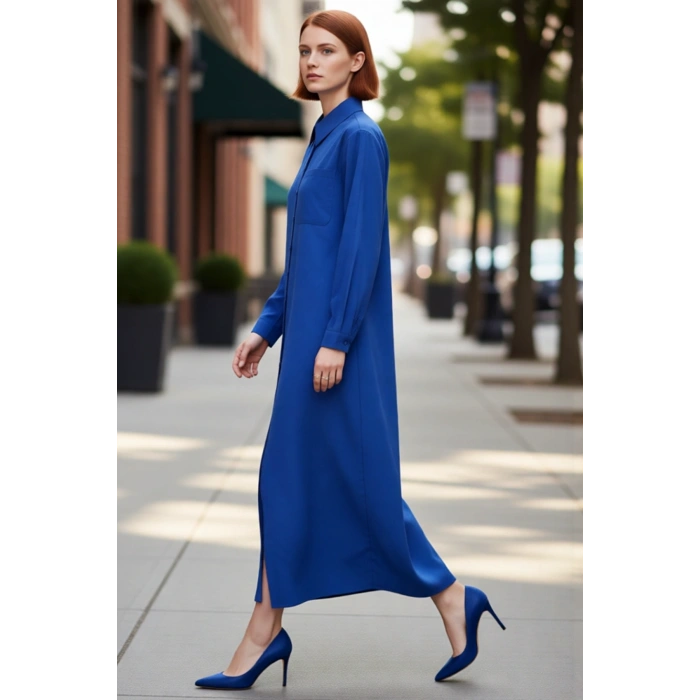 Kadın Düz Desen Gömlek Yaka Uzun Kol Maxi Boy Dokuma Elbise Günlük Şık Kombinler İçin İdeal