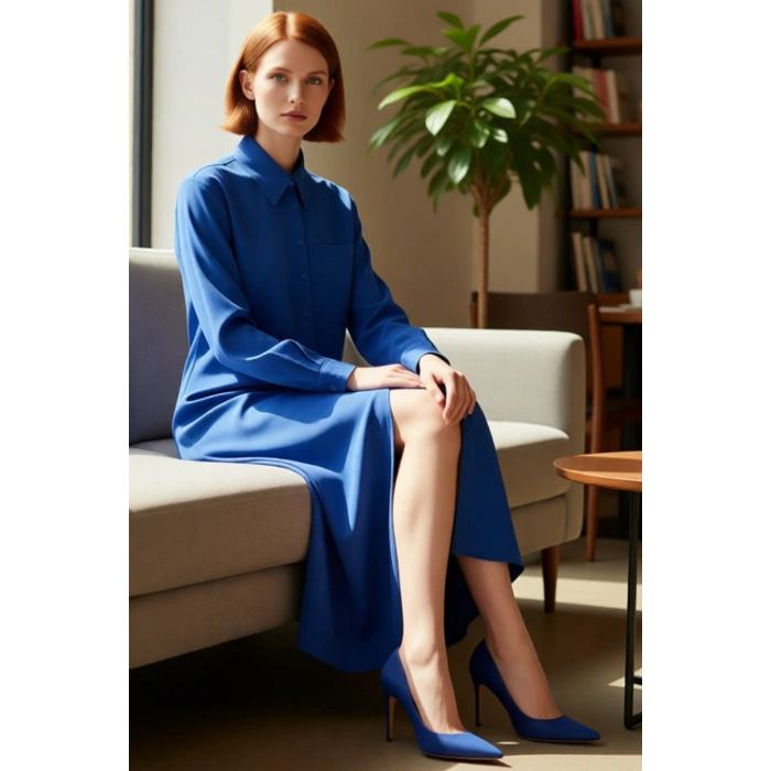 Kadın Düz Desen Gömlek Yaka Uzun Kol Maxi Boy Dokuma Elbise Günlük Şık Kombinler İçin İdeal