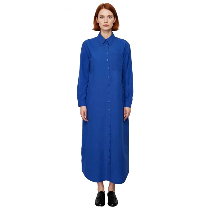 Kadın Düz Desen Gömlek Yaka Uzun Kol Maxi Boy Dokuma Elbise Günlük Şık Kombinler İçin İdeal