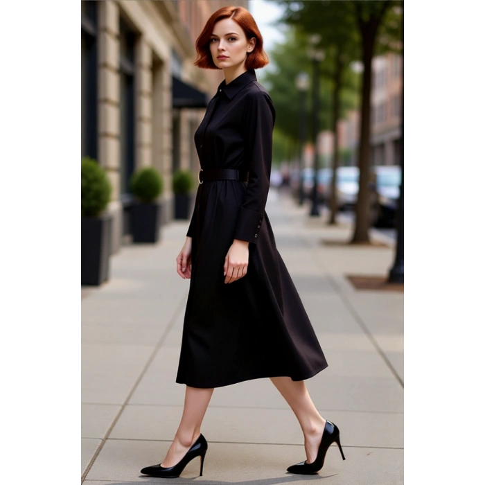 Kadın Düz Desen Gömlek Yaka Yarasa Kol Midi Boy Kuşaklı Dokuma Kışlık Elbise Şık ve Konforlu