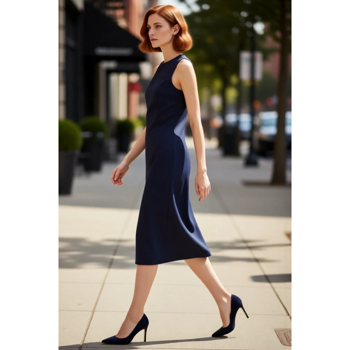 Kadın Düz Desen Kolsuz Bodycon Midi Denim Elbise Yırtmaçlı Bisiklet Yaka Şık ve Rahat Kombinler