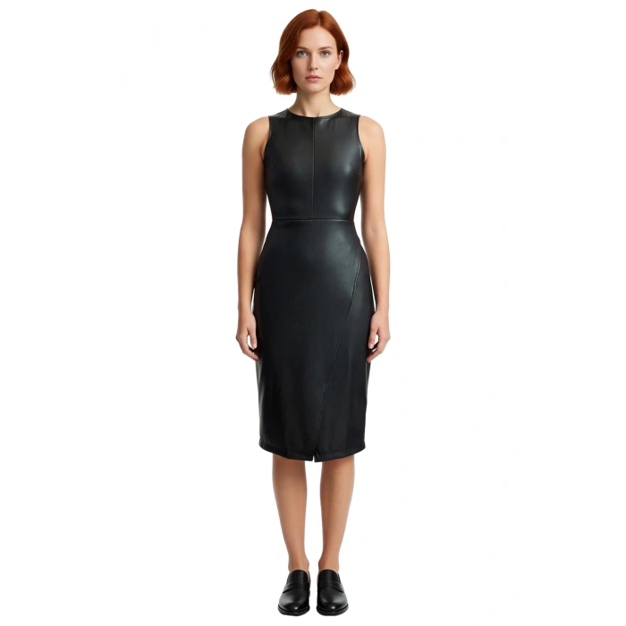 Kadın Düz Desen Kolsuz Bodycon Suni Deri Anvelop Elbise Midi Boy Zarif Görünüm İçin Mükemmel Seçim