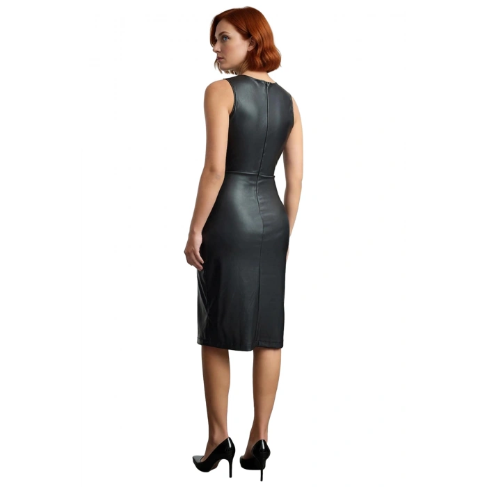 Kadın Düz Desen Kolsuz Bodycon Suni Deri Anvelop Elbise Midi Boy Zarif Görünüm İçin Mükemmel Seçim