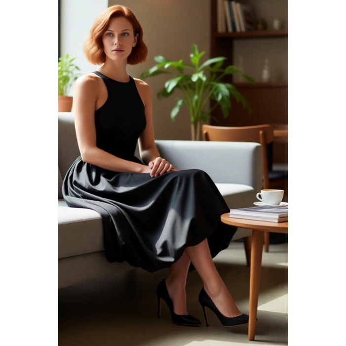 Kadın Düz Desen Kolsuz Yüksek Yaka Midi Boy Balon Etek Abiye Parti Elbisesi Polyester Karışımlı