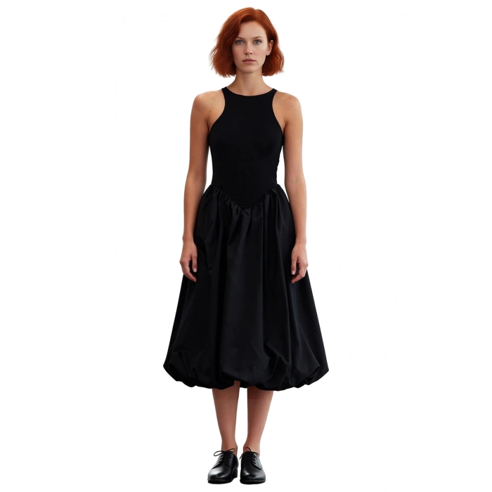 Kadın Düz Desen Kolsuz Yüksek Yaka Midi Boy Balon Etek Abiye Parti Elbisesi Polyester Karışımlı