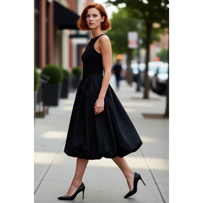 Kadın Düz Desen Kolsuz Yüksek Yaka Midi Boy Balon Etek Abiye Parti Elbisesi Polyester Karışımlı