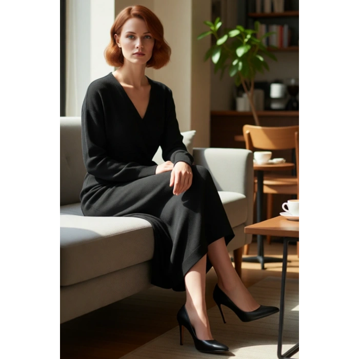 Kadın Düz Desen Kruvaze Kesim Triko Midi Elbise Uzun Düşük Kol Detaylı Kış Giyim Şıklığı Kaliteli