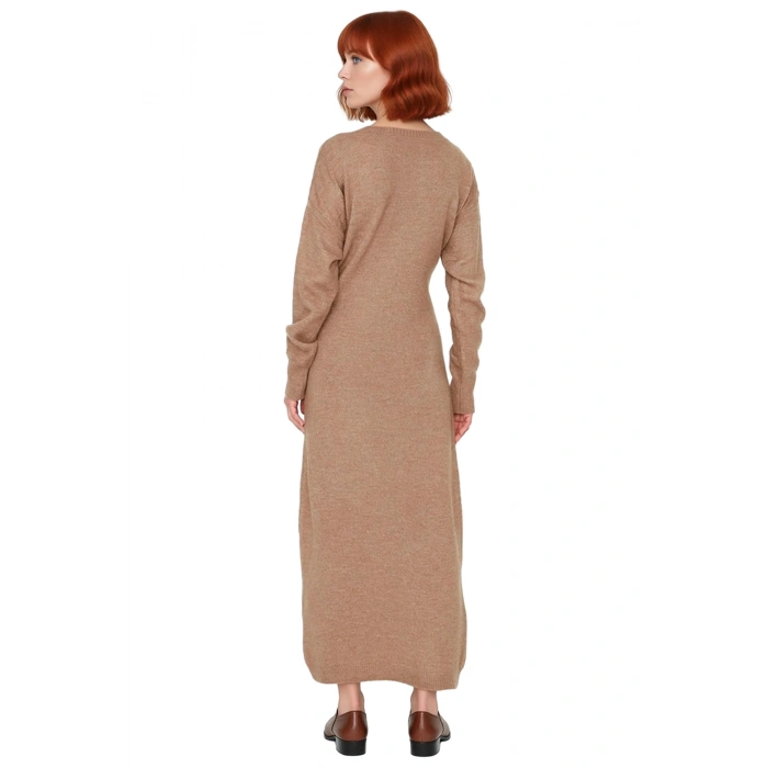 Kadın Düz Desen Kruvaze Kesim Triko Midi Elbise Uzun Düşük Kol Detaylı Kış Giyim Şıklığı Kaliteli