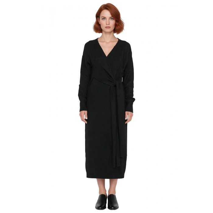 Kadın Düz Desen Kruvaze Kesim Triko Midi Elbise Uzun Düşük Kol Detaylı Kış Giyim Şıklığı Kaliteli