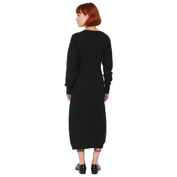 Kadın Düz Desen Kruvaze Kesim Triko Midi Elbise Uzun Düşük Kol Detaylı Kış Giyim Şıklığı Kaliteli