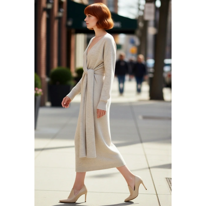 Kadın Düz Desen Kruvaze Kesim Triko Midi Elbise Uzun Düşük Kol Detaylı Kış Giyim Şıklığı Kaliteli