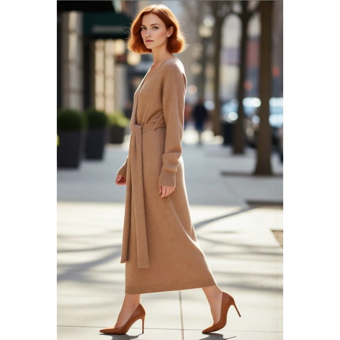 Kadın Düz Desen Kruvaze Kesim Triko Midi Elbise Uzun Düşük Kol Detaylı Kış Giyim Şıklığı Kaliteli