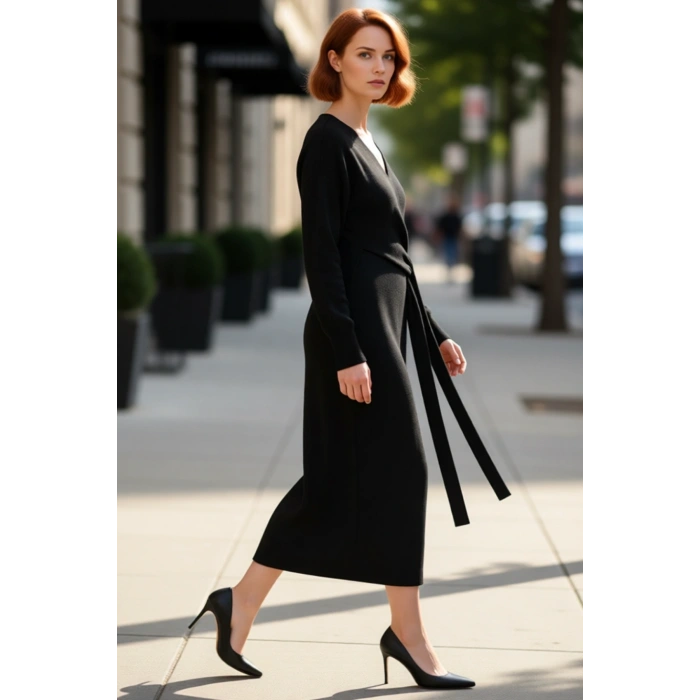 Kadın Düz Desen Kruvaze Kesim Triko Midi Elbise Uzun Düşük Kol Detaylı Kış Giyim Şıklığı Kaliteli