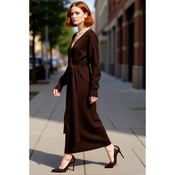 Kadın Düz Desen Kruvaze Kesim Triko Midi Elbise Uzun Düşük Kol Detaylı Kış Giyim Şıklığı Kaliteli