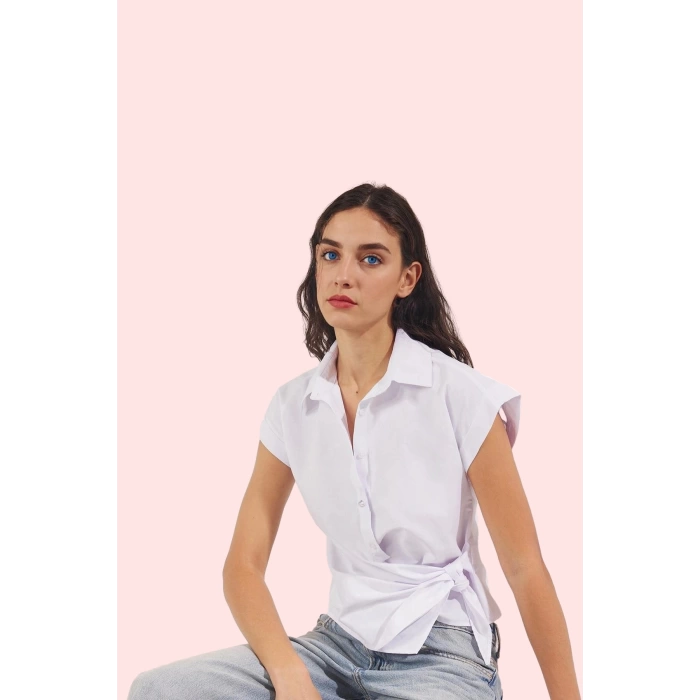 Kadın Düz Desen Kruvaze Kısa Kollu Terrycotton Gömlek İş Ve Günlük Yaz Aylarının Vazgeçilmezi