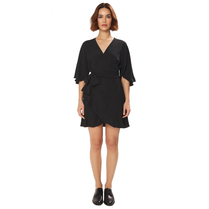 Kadın Düz Desen Kruvaze V Yaka Kuşaklı Mini Elbise Yarasa Kol Rahat İlkbahar Sonbahar Yaz Kaliteli