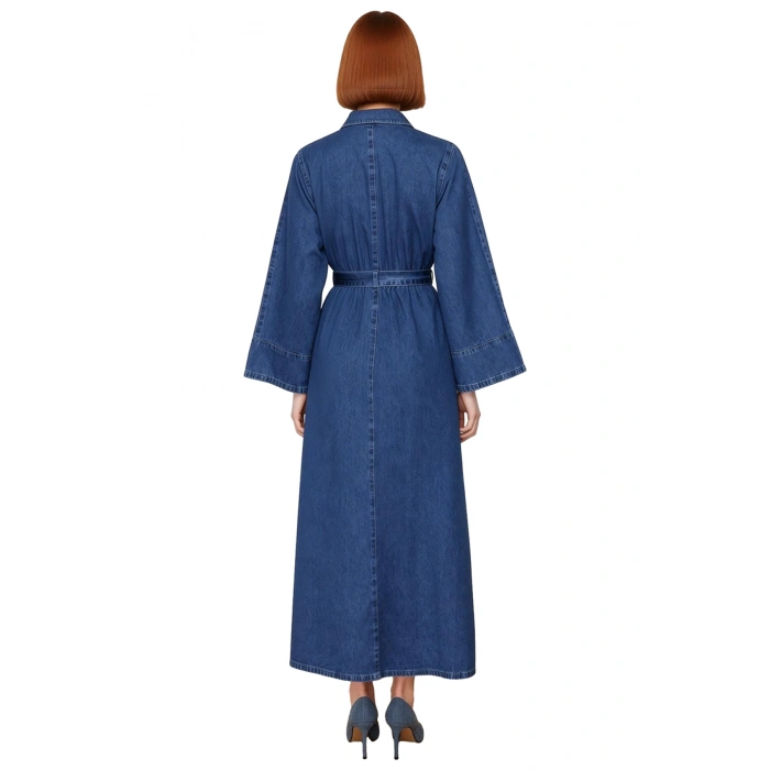 Kadın Düz Desen Kuşaklı Maxi Denim Gömlek Elbise Uzun Melek Kol Yaka %100 Pamuk Günlük