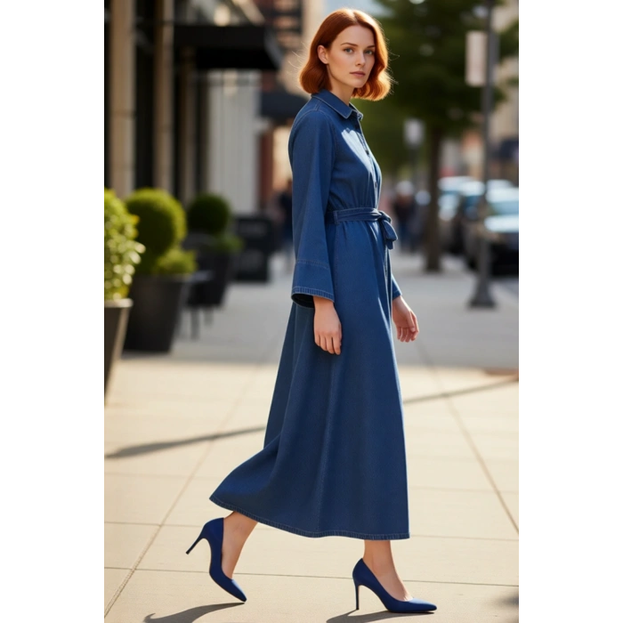 Kadın Düz Desen Kuşaklı Maxi Denim Gömlek Elbise Uzun Melek Kol Yaka %100 Pamuk Günlük