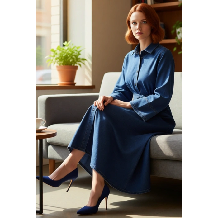 Kadın Düz Desen Kuşaklı Maxi Denim Gömlek Elbise Uzun Melek Kol Yaka %100 Pamuk Günlük