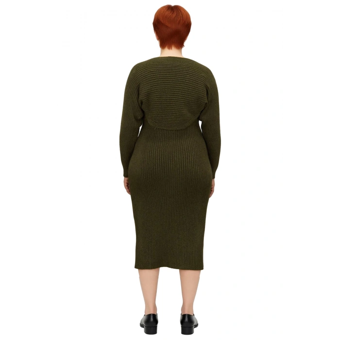 Kadın Düz Desen Midi Boy Fitilli Triko Elbise Bolero Takımı Düşük Uzun Kollu Bodycon Kaliteli