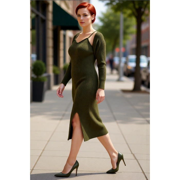 Kadın Düz Desen Midi Boy Fitilli Triko Elbise Bolero Takımı Düşük Uzun Kollu Bodycon Kaliteli