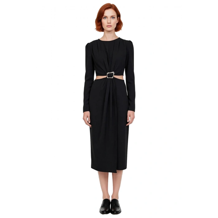 Kadın Düz Desen Midi Boy Uzun Kollu Bisiklet Yaka A line Dokuma Cut Outlı Kışlık Elbise Kaliteli