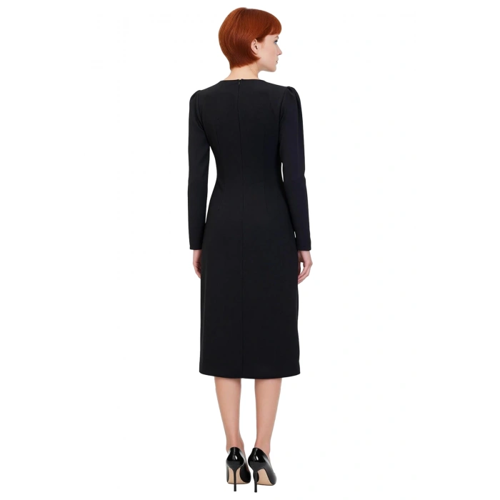 Kadın Düz Desen Midi Boy Uzun Kollu Bisiklet Yaka A line Dokuma Cut Outlı Kışlık Elbise Kaliteli