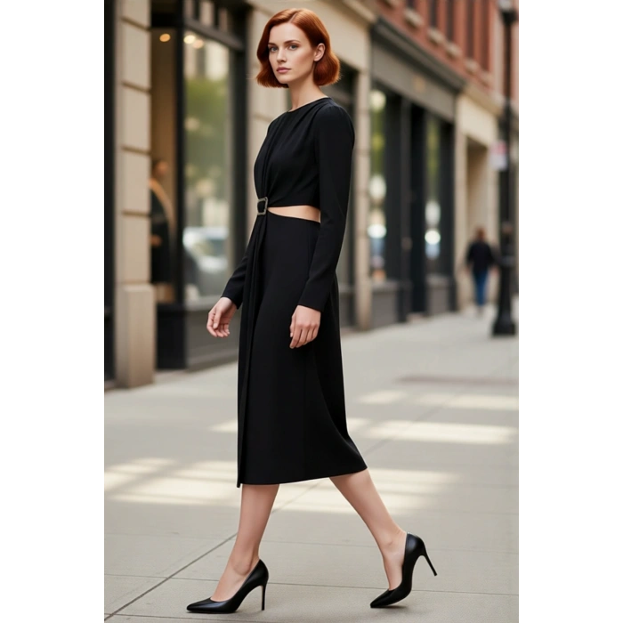 Kadın Düz Desen Midi Boy Uzun Kollu Bisiklet Yaka A line Dokuma Cut Outlı Kışlık Elbise Kaliteli