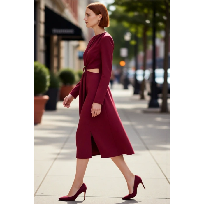 Kadın Düz Desen Midi Boy Uzun Kollu Bisiklet Yaka A line Dokuma Cut Outlı Kışlık Elbise Kaliteli