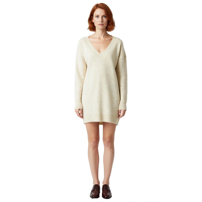 Kadın Düz Desen Mini Boy Triko Kazak Elbise Rahat Kesim V Yaka Kış Sezonu İçin Mükemmel Kaliteli