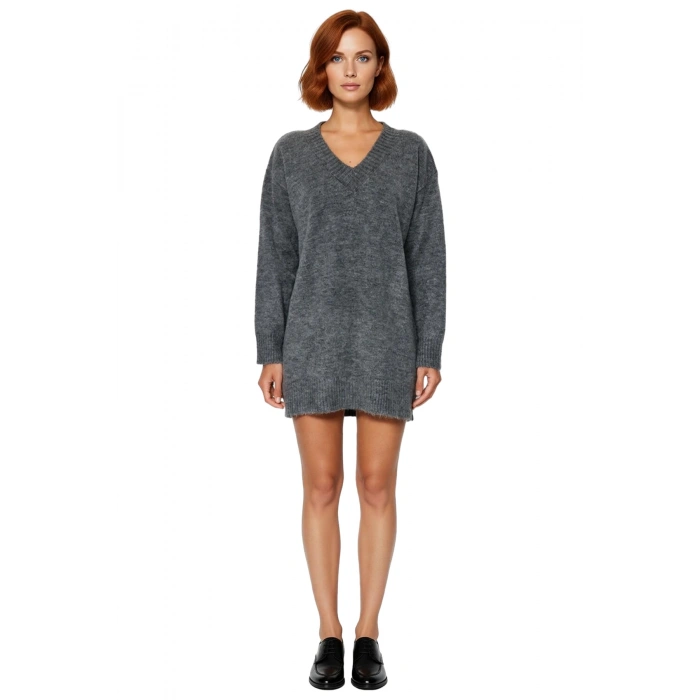 Kadın Düz Desen Mini Boy Triko Kazak Elbise Rahat Kesim V Yaka Kış Sezonu İçin Mükemmel Kaliteli