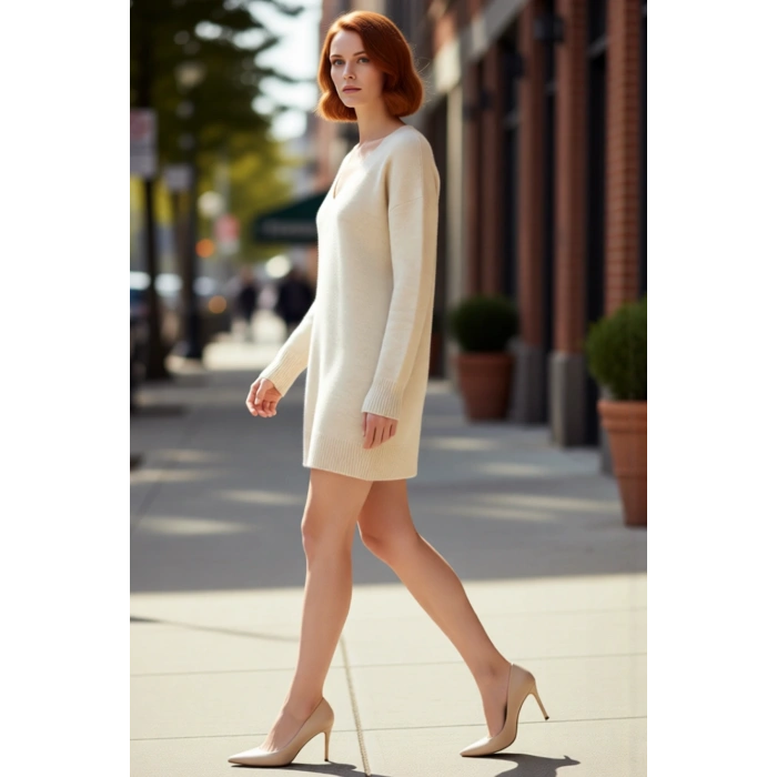 Kadın Düz Desen Mini Boy Triko Kazak Elbise Rahat Kesim V Yaka Kış Sezonu İçin Mükemmel Kaliteli