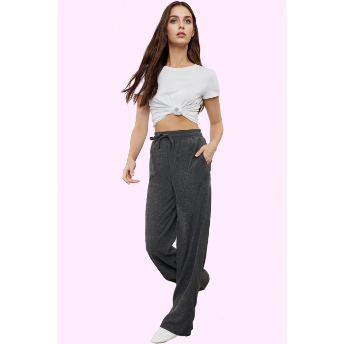 Kadın Düz Desen Normal Bel Geniş Paça Örme Pantolon Casual Günlük Yaz Aylarının Vazgeçilmezi