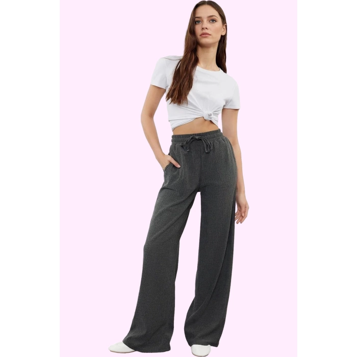 Kadın Düz Desen Normal Bel Geniş Paça Örme Pantolon Casual Günlük Yaz Aylarının Vazgeçilmezi