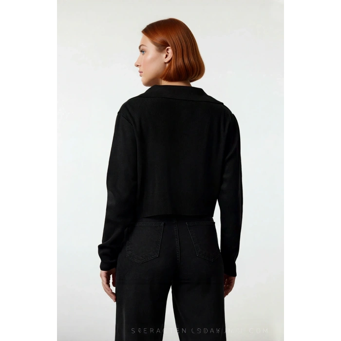 Kadın Düz Desen Polo Yaka Crop İnce Triko Kazak Uzun Kollu Regular Kalıp Şıklığı İle Kaliteli