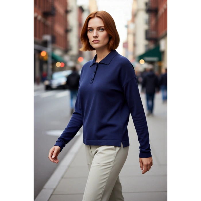 Kadın Düz Desen Polo Yaka Oversize Triko Kazak Düşük Kollu Rahat ve Şık Kışlık Kombinler Kaliteli