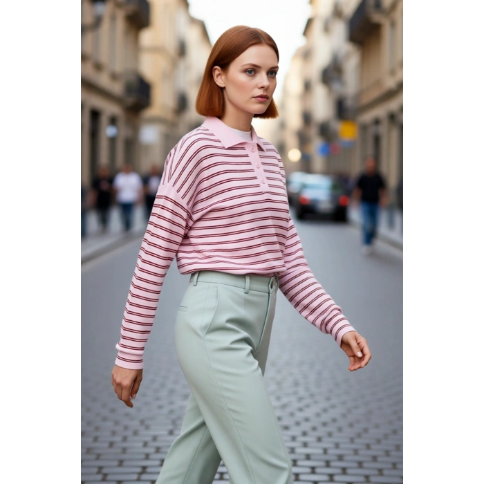 Kadın Düz Desen Polo Yaka Oversize Triko Kazak Düşük Kollu Rahat ve Şık Kışlık Kombinler Kaliteli