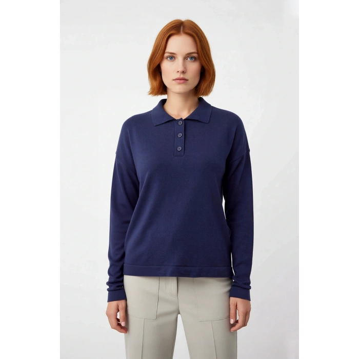 Kadın Düz Desen Polo Yaka Oversize Triko Kazak Düşük Kollu Rahat ve Şık Kışlık Kombinler Kaliteli