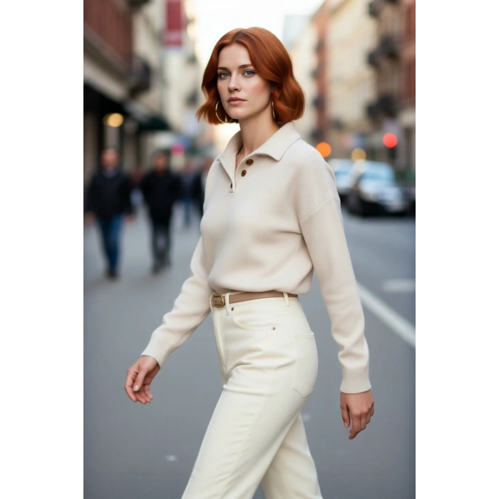 Kadın Düz Desen Polo Yaka Uzun Kol Oversize Triko Kazak Günlük Kullanım İçin İdeal Basic Model