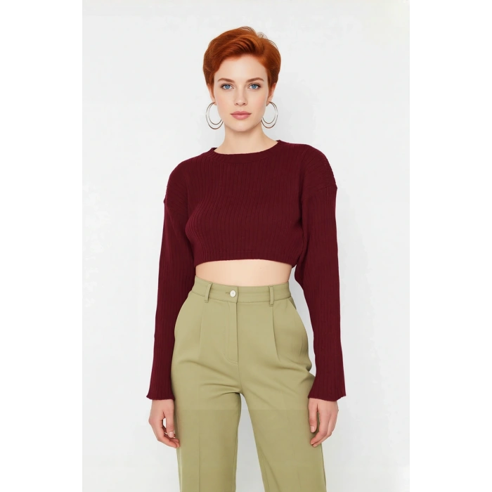 Kadın Düz Desen Regular Kalıp Triko Super Crop Bisiklet Yaka Uzun Kol Kazak Casual Tarz Kaliteli