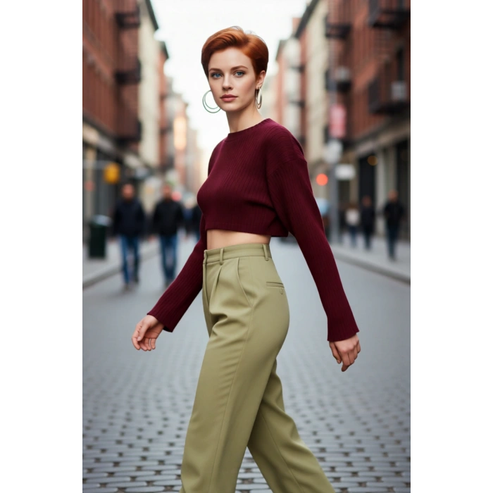 Kadın Düz Desen Regular Kalıp Triko Super Crop Bisiklet Yaka Uzun Kol Kazak Casual Tarz Kaliteli